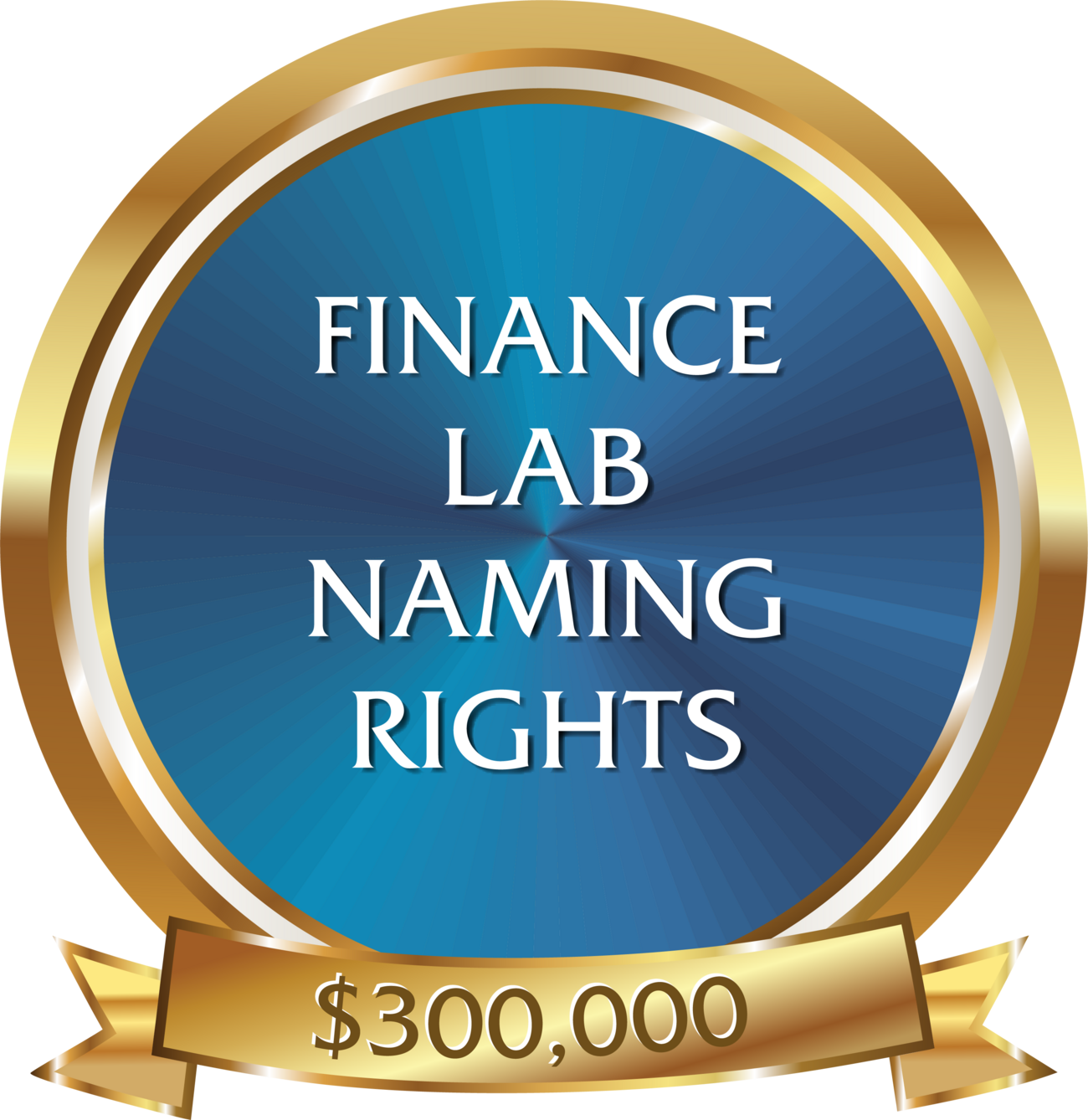 Gold and Blue badge with the words "finance lab naming rights, $300,000" 