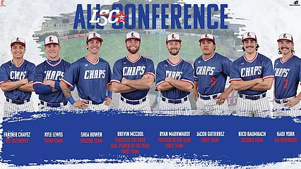 photos of eight Chap baseball players with the words "All-Conference" at the top