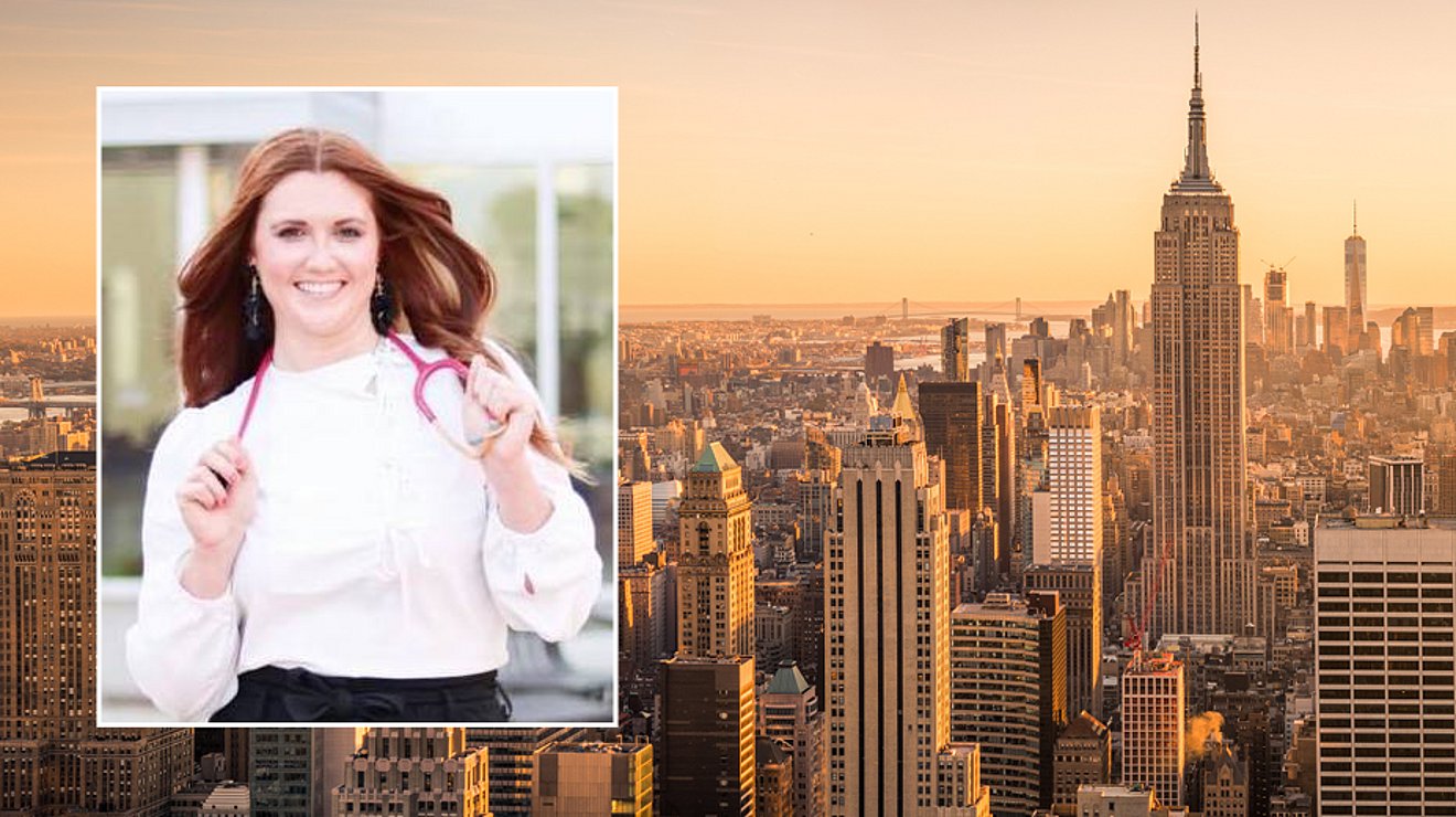 inset photo of Nici Rogers with stethoscope, background image of New York skyline