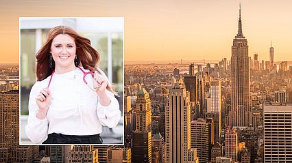 inset photo of Nici Rogers with stethoscope, background image of New York skyline