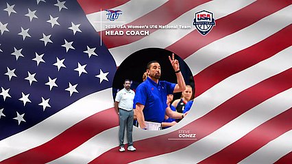 Graphic with Coach Gomez's photo imposed over an American flag and the words "2025 USA Women's U16 National Team Head Coach"