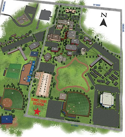 Campus map marking tennis complex location
