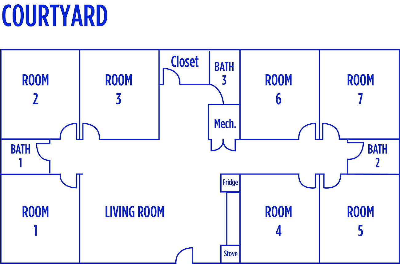 Floorplan blueprint with seven rooms, a living room, small kitchen, three bathrooms, and several closets