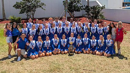 LCU Cheer team posing with trophy in Florida