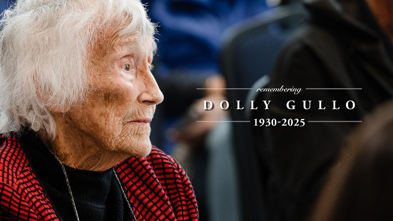 Graphic with a photograph of Dolly Gullo with the words "Remembering Dolly Gullo, 1930-2025"