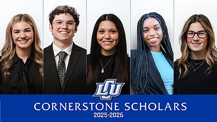 Graphic with headshots of the cornerstone scholars above the LCU logo and the words "Cornerstone Scholars, 2025-26