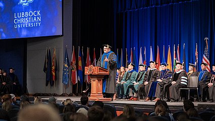 Dr. Kent Gallaher, LCU's new provost, announcing the beginning of the 2022-23 school year
