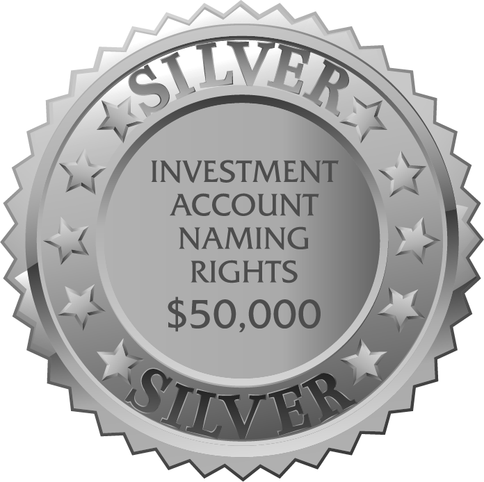 Silver badge with the words "silver investment account naming rights, $50,000"