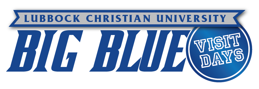 "Lubbock Christian University" in blue text on a gray and blue flag with "Big Blue" in blue text below and "Visit Days" in a blue circle to the right.