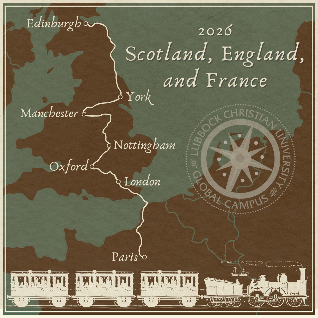Graphic of a map of Northern Europe with a line going through various cities: Edinburgh, York, Manchester, Nottingham, Oxford, London, and Paris, with the title "2026 Scotland, England, and France"