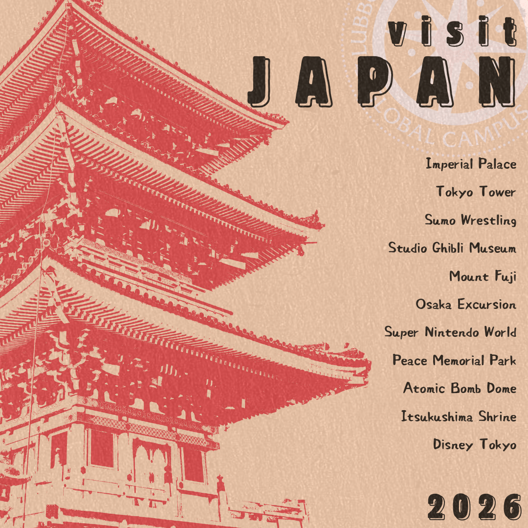 Graphic of Japanese architecture drawing with text "Visit Japan, Imperial Palace, Tokyo Tower, Sumo Wrestling, Studio Ghibli Museum, Mount Fuji, Osaka Excursion, Super Nintendo World, Peace Memorial Park, Atomic Bomb Dome, Itsukushima Shrine, Disney Tokyo 2026"