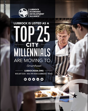 Lubbock is listed as a top 25 city millennials are moving to from lubbock economic development alliance by SmartAsset