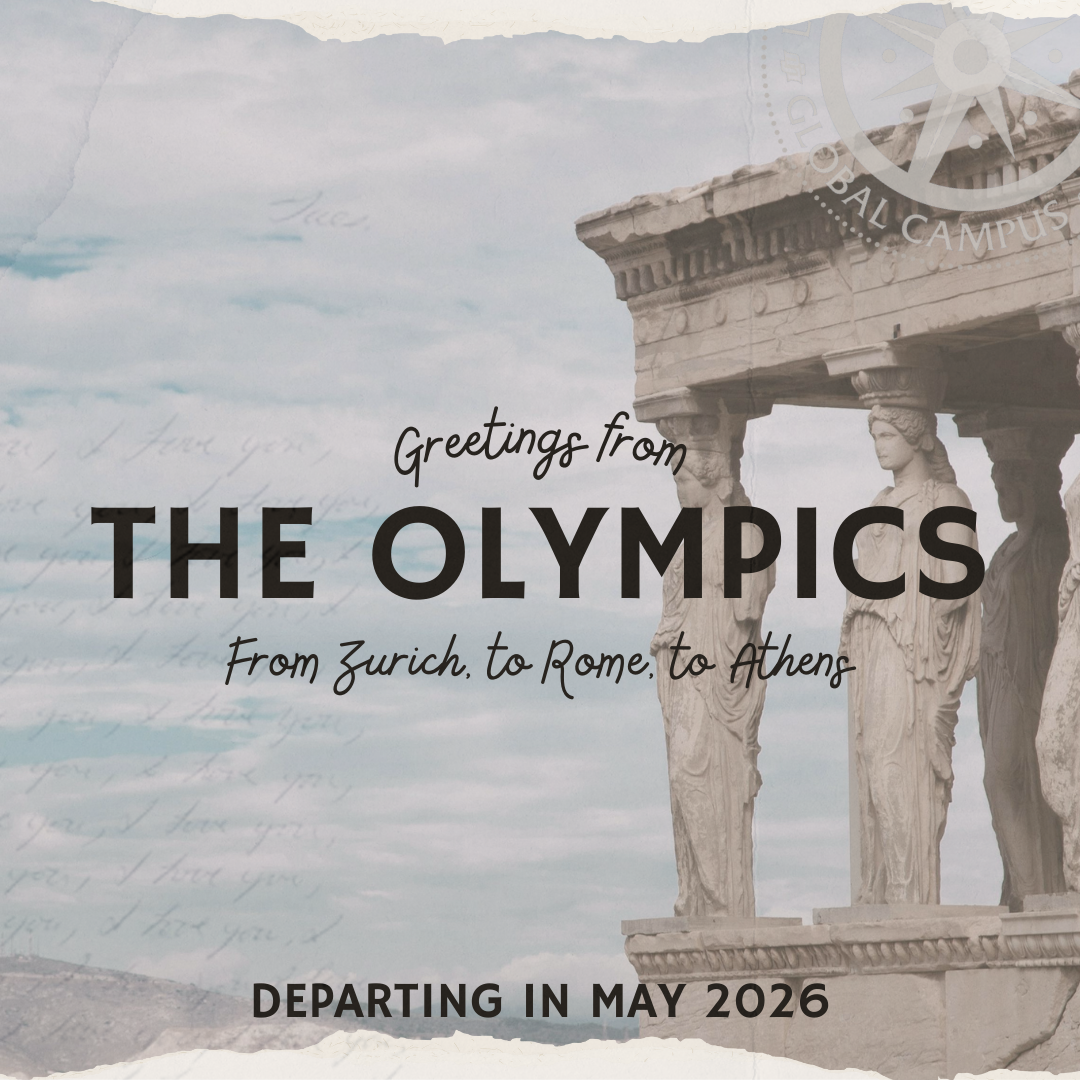 Photo of Greek architecture with the words, "Greetings from The Olympics, from Zurich, to Rome, to Athens; departing in May 2026"